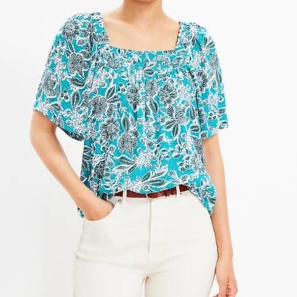 2/$25 Loft Turquoise Blue Floral Smocked Modest Paisley Feminine Blouse Medium - Picture 1 of 11